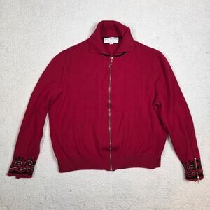 Vintage ST. JOHN COLLECTION Marie Gray RED Knit Sweater Zip Jacket SIZE Large